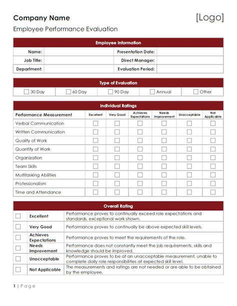 Employee Performance Evaluation Template Word