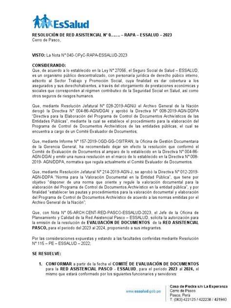 ResoluciÓn De Red Asistencial EvaluaciÓn De Documentos Red Asistencial Pasco Docx Pdf