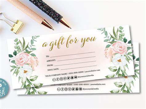 Floral gift certificate template watercolor floral gift voucher flowers pink gift certificate ...