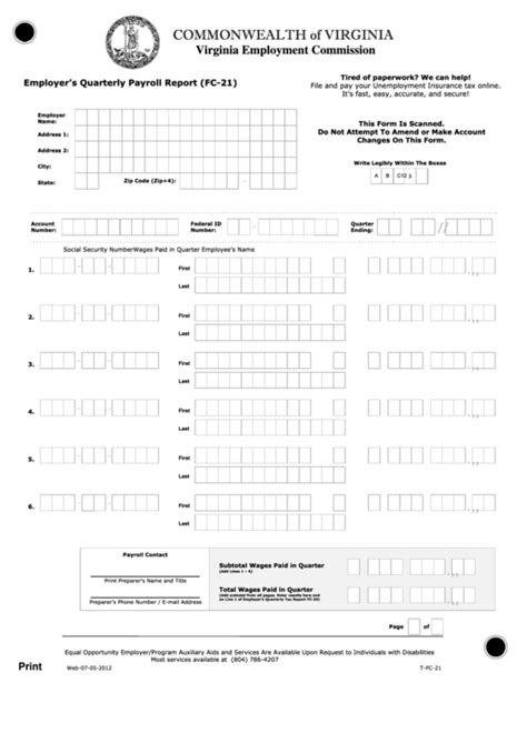 Fillable Form Fc 21 Employer S Quarterly Payroll Report Printable Pdf