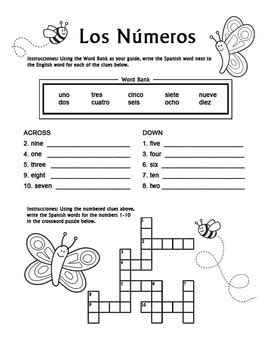 Los Numeros - Spanish Numbers 1-10 Crossword Puzzle Worksheet by Miss Mindy