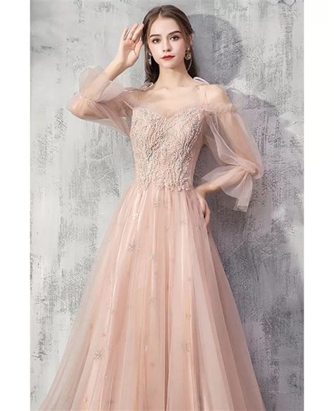 Beautiful Long Pink Beaded Prom Dress With Tulle Bubble Sleeves Dm69029