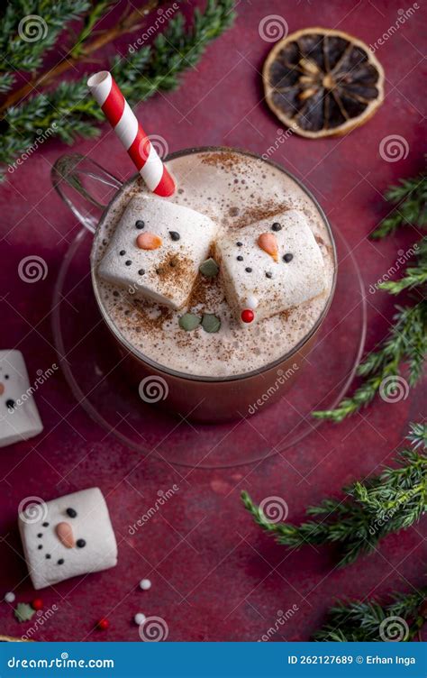 Red Mug With Hot Chocolate And Melted Marshmallow Snowman Red Festive Background Stock Image