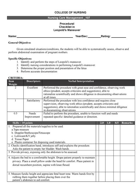 Leopolds Maneuver Nursing Retdem Checklist COLLEGE OF NURSING