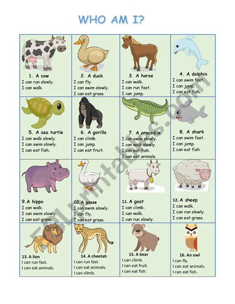 Who Am I Animals Esl Worksheet By Mistertroy2000