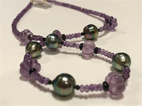 Cultured Tahitian Pearl And Amethyst Bead Choker Necklace 14k Gold