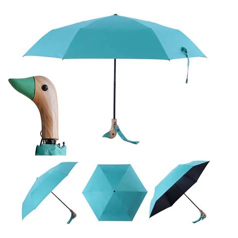 Wooden Duck Head Handle Umbrella Uv 50 Shade Rain Or Shine Folding