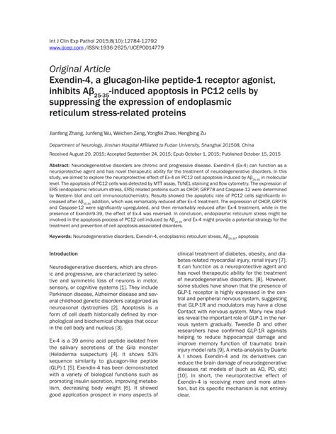 Pdf Exendin 4 A Glucagon Like Peptide 1 Receptor Agonist Inhibits Aβ25 35 Induced Apoptosis