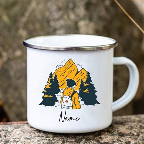 Customizable Personalized Enamel Camping Mugs With Hand Drawn Logo