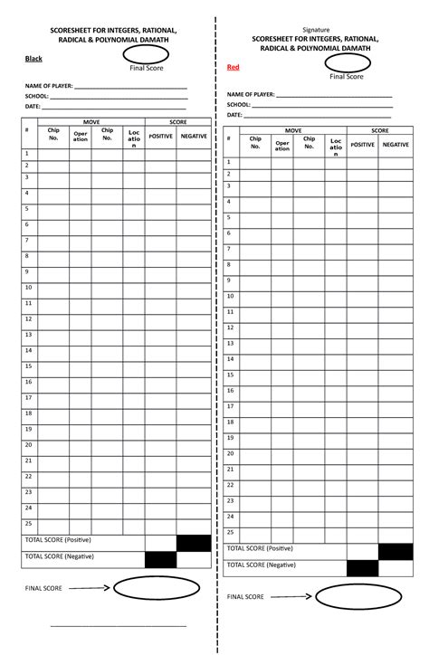 NEW Damath Scoresheet SCORE SCORESHEET FOR INTEGERS RATIONAL