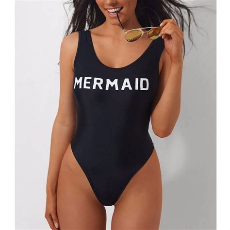 Mermaid Letter Print One Piece Swimsuit Women High Cut Swimwear