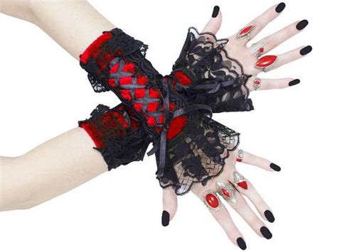 Red And Black Fingerless Gloves Wrist Warmers Gothic Burlesque Vintage Bohemian Womens