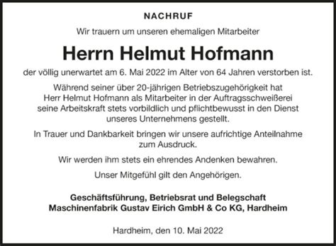 Traueranzeigen Von Helmut Hofmann Trauerportal Ihrer Tageszeitung