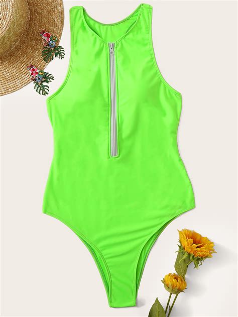 Neon Green Zipper Up Racerback One Piece Swimsuit Romwe