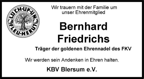 Traueranzeigen Von Bernhard Friedrichs Nordwest Trauer De