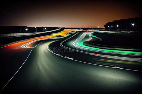 Race Track at Night, with the Illuminated Track and Racing Cars Visible ...