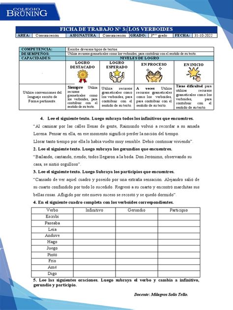 Comunicación Ficha De Trabajo Los Verboides Pdf