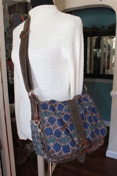 Fossil Floral Fabric Brown Leather Messenger Crossbody Handbag Blue