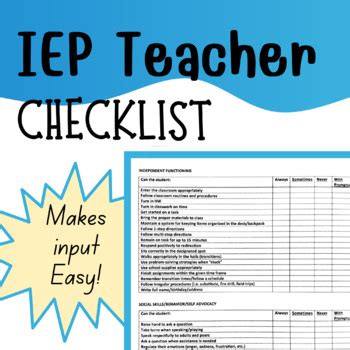 IEP Teacher Input Checklist By Emily Sexton Teachers Pay Teachers