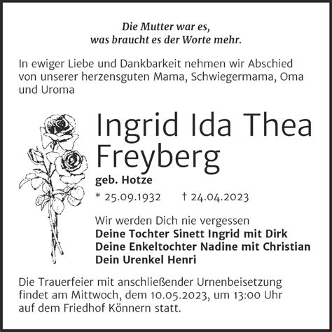 Traueranzeigen Von Ingrid Ida Thea Freyberg Abschied Nehmen De