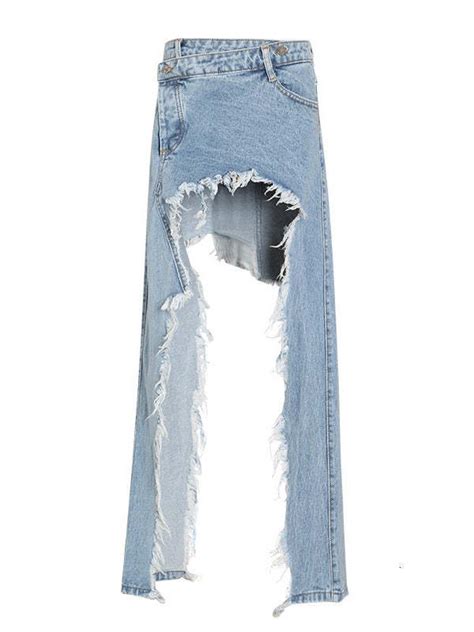 Original Irregularity Fringed Split Front Denim Skirt