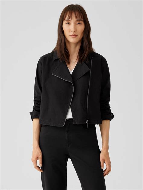 Eileen Fisher Organic Cotton Denim Notch Collar Jacket In Black Lyst