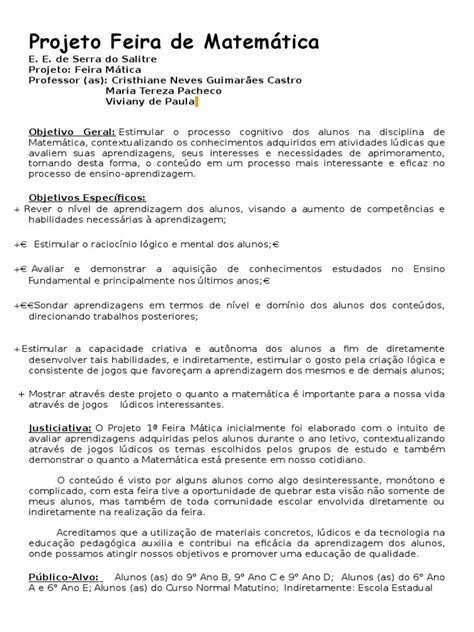 Projeto De Matematica Pronto - Projeto Feira de Matemática | PDF | Aprendizado | Ensino de Matemática