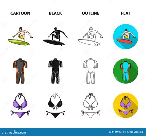Surfer Wetsuit Bikini Surfboard Surfing Set Collection Icons In