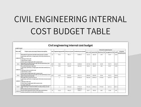 Civil Engineering Internal Cost Budget Table Excel Template And Google