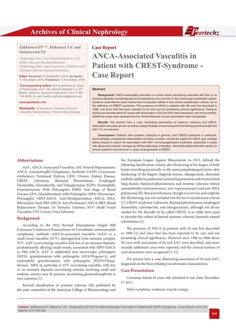 Anca Associated Vasculitis In Patient With Crest Syndrome Case Report