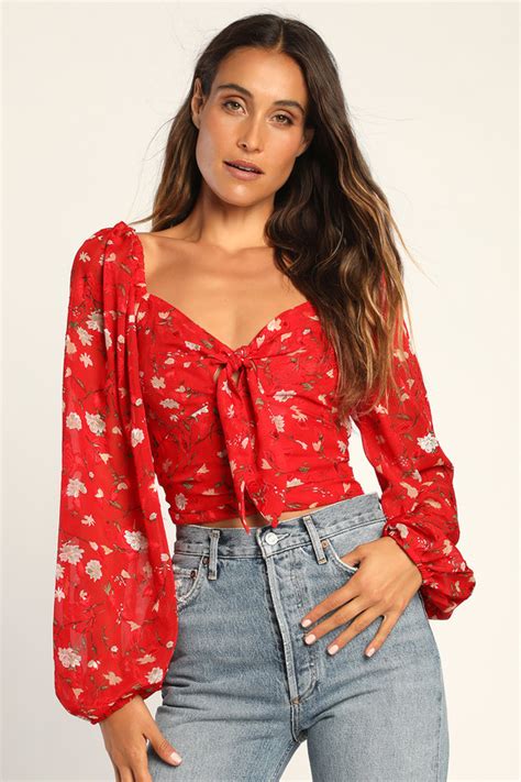 Red Floral Print Blouse Red Long Sleeve Top Tie Front Blouse Lulus