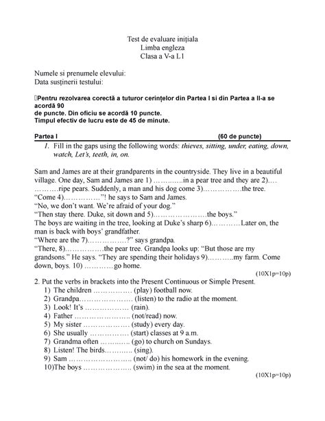 Test Initial Limba Engleza Clasa A Va Test De Evaluare Ini Iala Limba