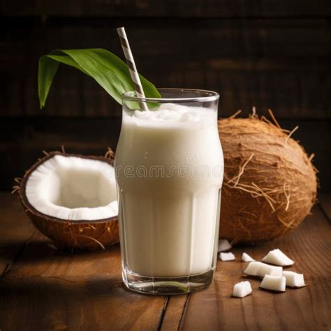 Coconut Milk Shake Glass with Fresh Sliced Coconut and Straw Stock