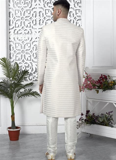 Buy Cream Embroidered Silk Classic Sherwani Party Wear Online At Best