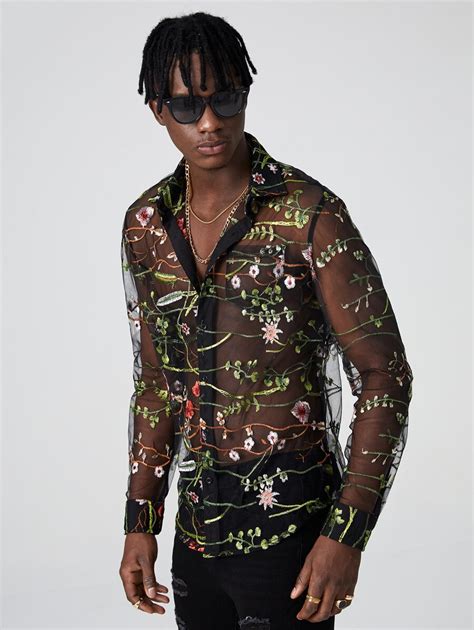 Manfinity Men Floral Embroidered Pocket Patched Sheer Mesh Shirt