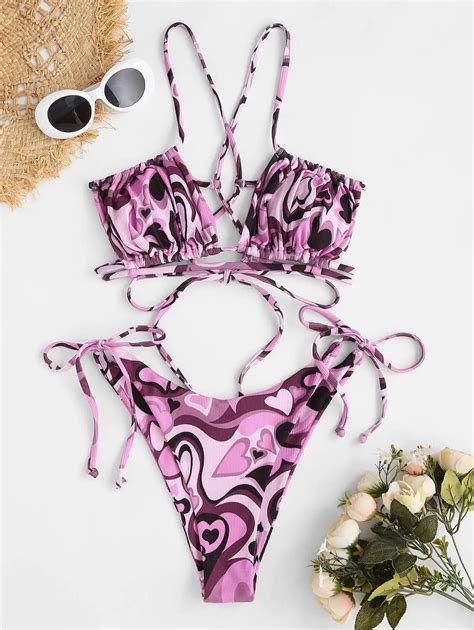 Womens Heart Print Tie Front Bikini Set With Straps On Luulla