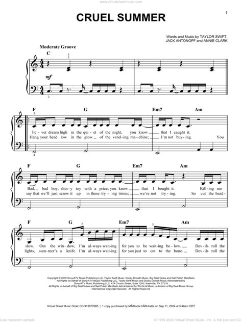 Cruel Summer Easy Sheet Music For Piano Solo Pdf Interactive