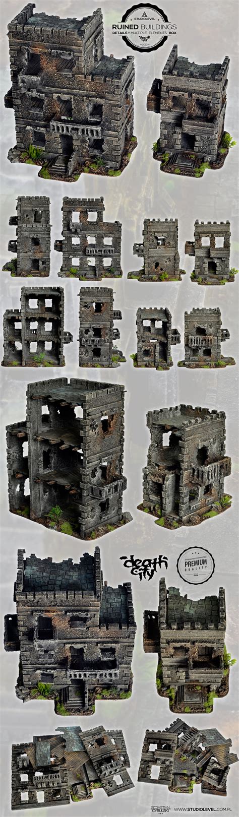 2x Ruined Buildings Set 2 W40k Mordheim Scenery Terrain Wargaming