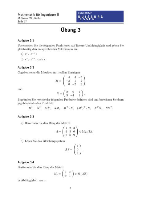 Übung 03 Mathematik fur Ingenieure II M W umbs SoSe 17 Ubung 3