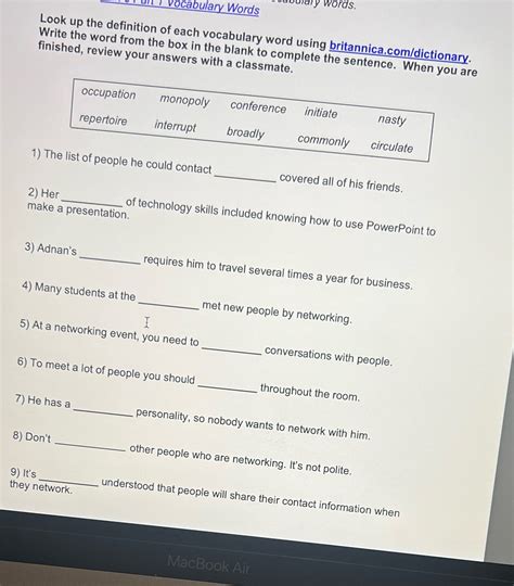 Solved Ary Words Vocabulary Words Look Up The Definition Of Each