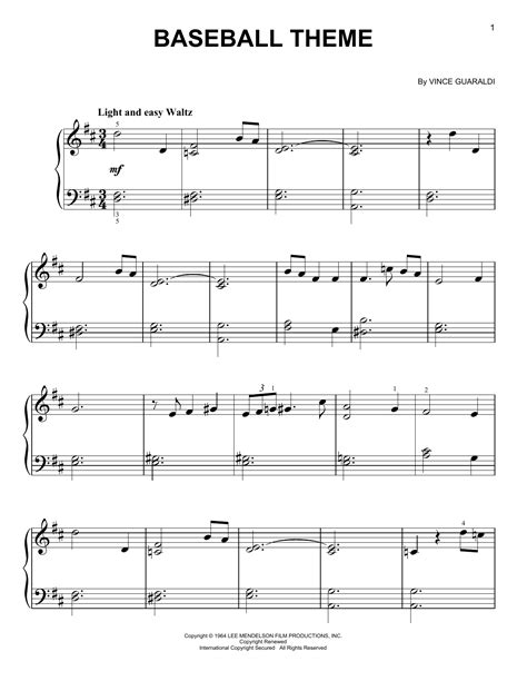 Vince Guaraldi Baseball Theme Sheet Music For Easy Piano Download