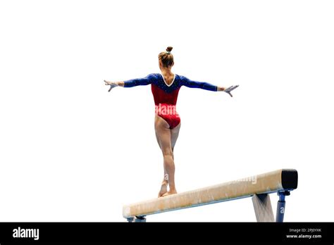 Back Female Gymnast Athlete Balancing On Balance Beam Gymnastics On