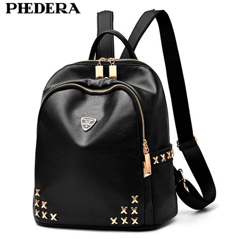 Phedera Korean Fashion Women Pu Backpack Rivet Girls School Bag Female Black Rucksack New