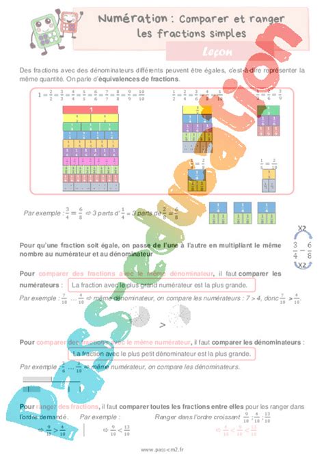 Comparer et ranger les fractions simples Cours Leçon de numération