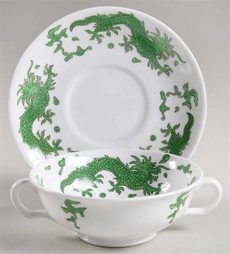 Green Dragon Footed Cream Soup Bowl Saucer Set By Hammersley