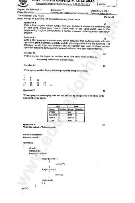 Programming Fundamentals BSCS GCUF Past Paper 2023 Education Hub