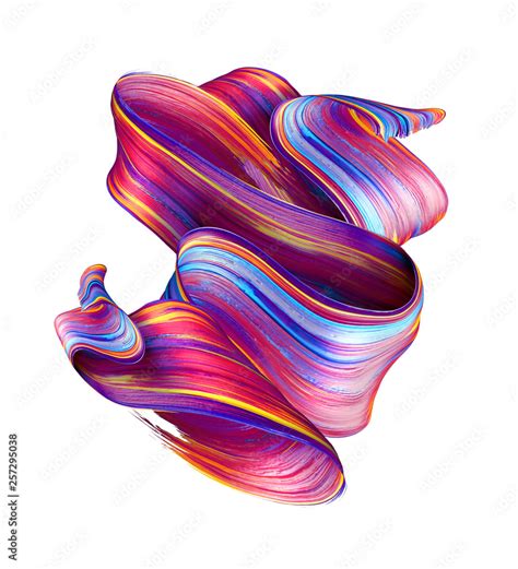 3d Render Abstract Brush Stroke Neon Smear Colorful Folded Ribbon