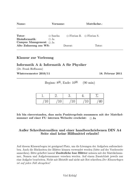 INFO Mathe Altklausur Infoa Ws1011 Klausur Name Vorname Matrikelnr