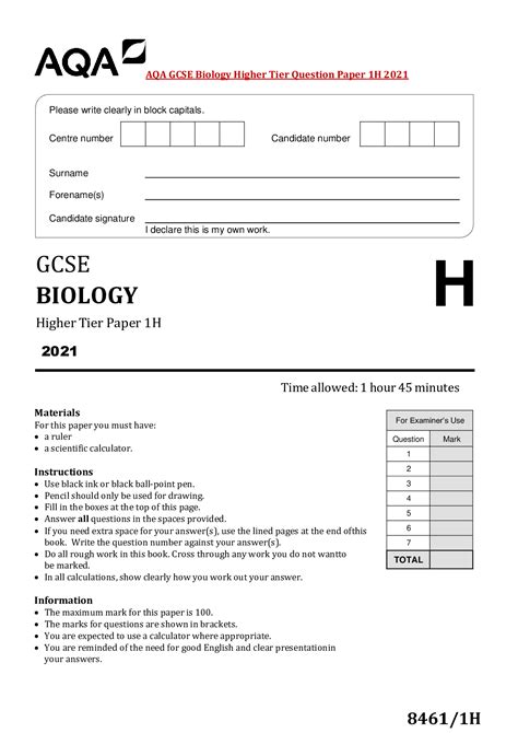 Aqa Gcse Biology Higher Tier Question Paper 1h 2021 Browsegrades