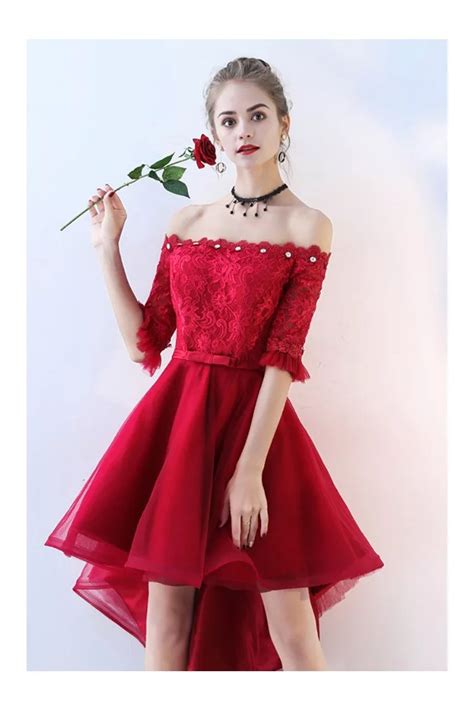 Red Lace Tulle Homecoming Prom Dress Off Shoulder Sleeves High Low